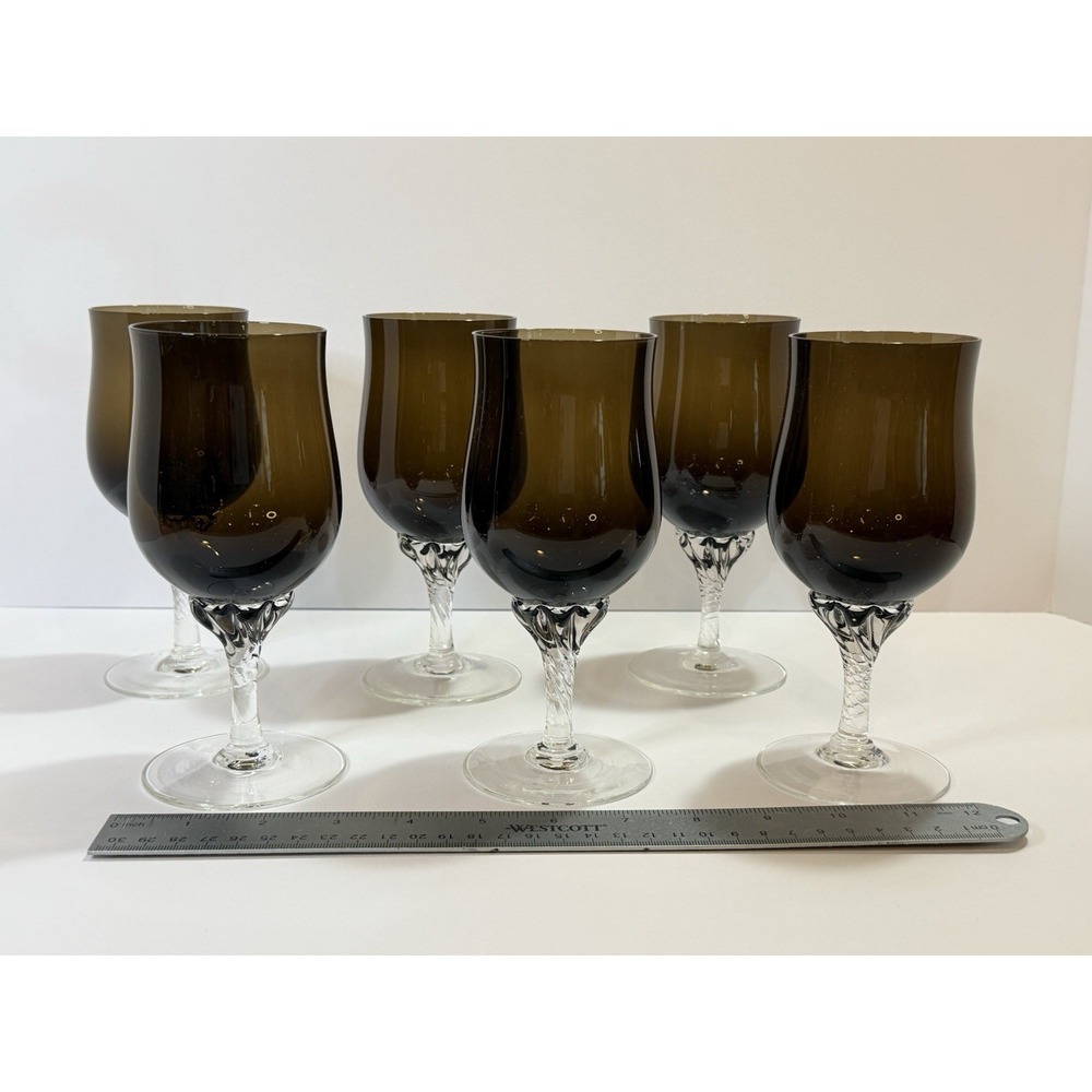 Vintage Celebrity Dark Amber Wine Glasses Hand Blown Set of 6 MCM